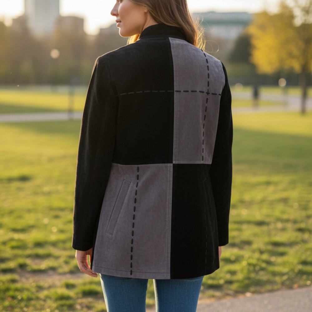 Terry Classics Luxury Black & Gray Patchwork Suede Jacket With Zip & Snap Closur - Picture 2 of 10